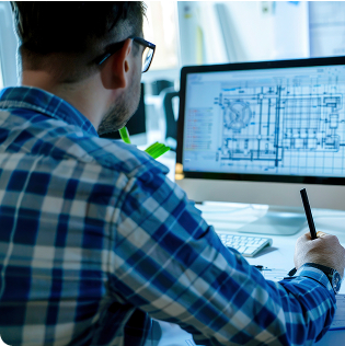 Architect reviewing building blueprint on computer screen.