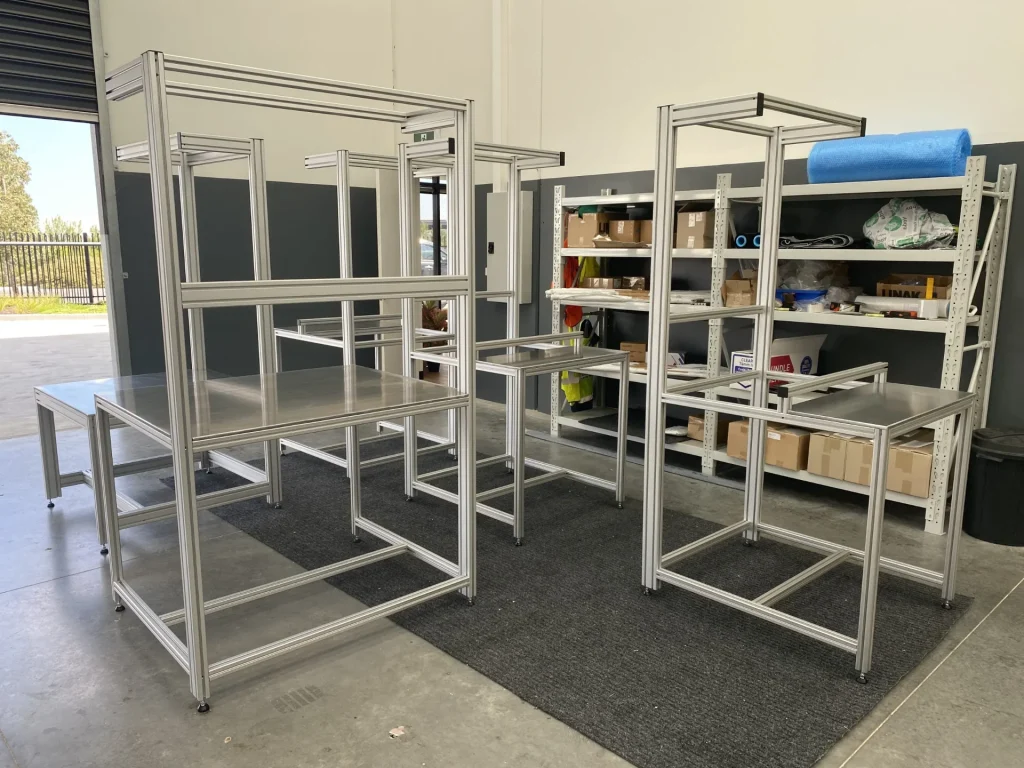Aluminum frame workstations, engineering solutions for industrial workspace.