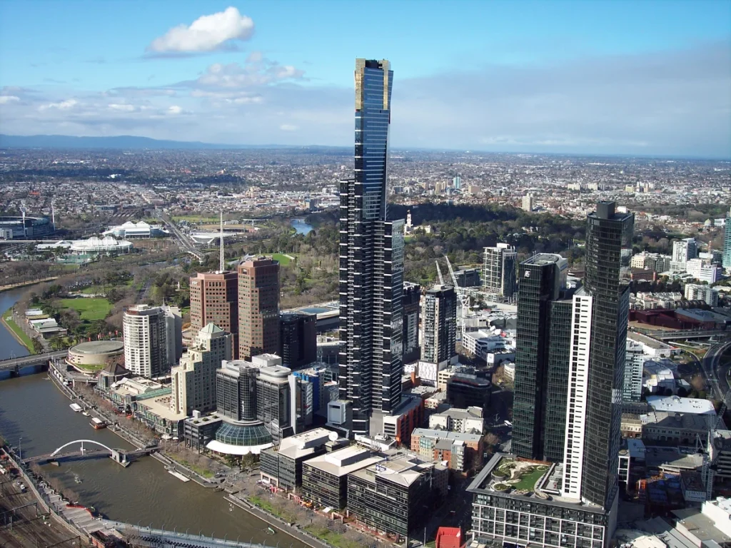 Aerial view of the Eureka Tower and Southbank skyline, showcasing modern Melbourne engineering solutions.