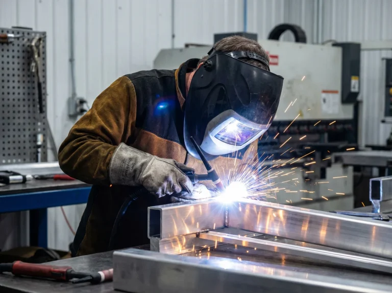 Welder in a protective mask and gloves performing aluminum fabrication on a metal frame with bright sparks flying.