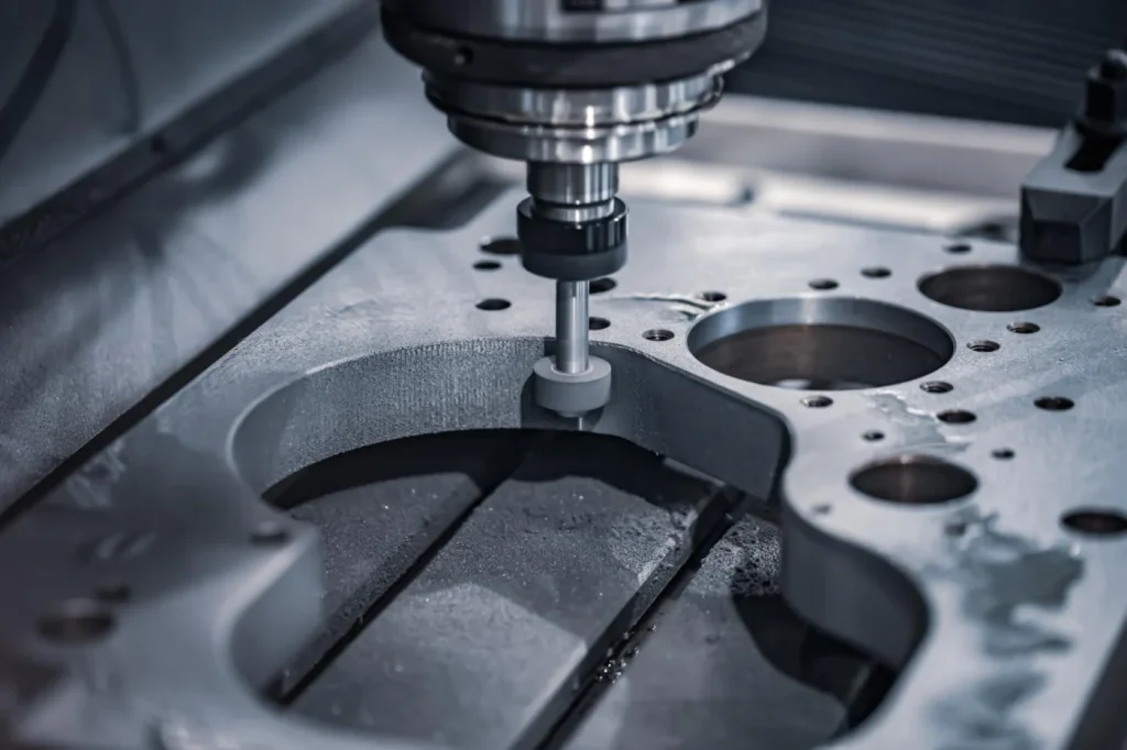 CNC Machining: Metal part being milled by a CNC machine.