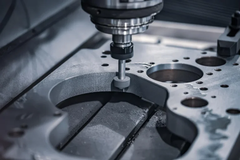 CNC Machining: Metal part being milled by a CNC machine.