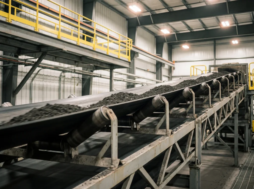 Heavy-duty industrial belting on a conveyor system transporting bulk materials in a manufacturing facility.